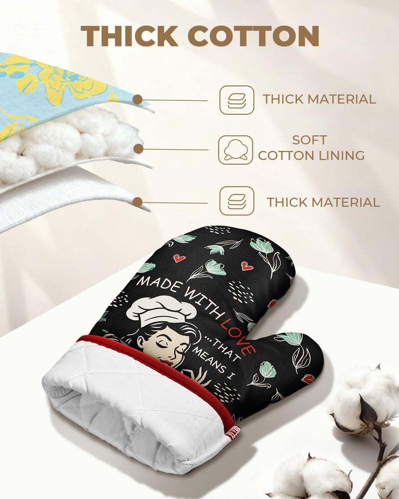 Slohif Funny Oven Mitt Heat Resistant for Women - 1 Pack Black Cute Novelty Cool Kitchen Oven Mittens with 100% Cotton for Baking and Cooking Accessories (Made with Love) - Image 3