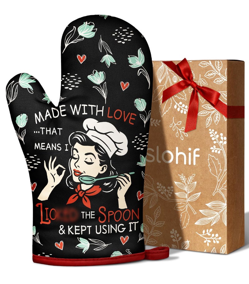 Slohif Funny Oven Mitt Heat Resistant for Women - 1 Pack Black Cute Novelty Cool Kitchen Oven Mittens with 100% Cotton for Baking and Cooking Accessories (Made with Love) - Image 1