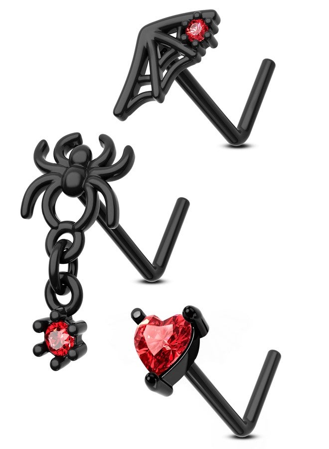 COCHARM Black Red Halloween L Bend Nose Stud 20g Dangling Spider Nose Stud Spider Web Red CZ Nose Piercing 20G Black Nose Jewelry - Image 1