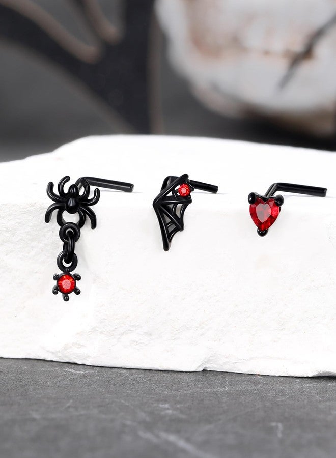 COCHARM Black Red Halloween L Bend Nose Stud 20g Dangling Spider Nose Stud Spider Web Red CZ Nose Piercing 20G Black Nose Jewelry - Image 5