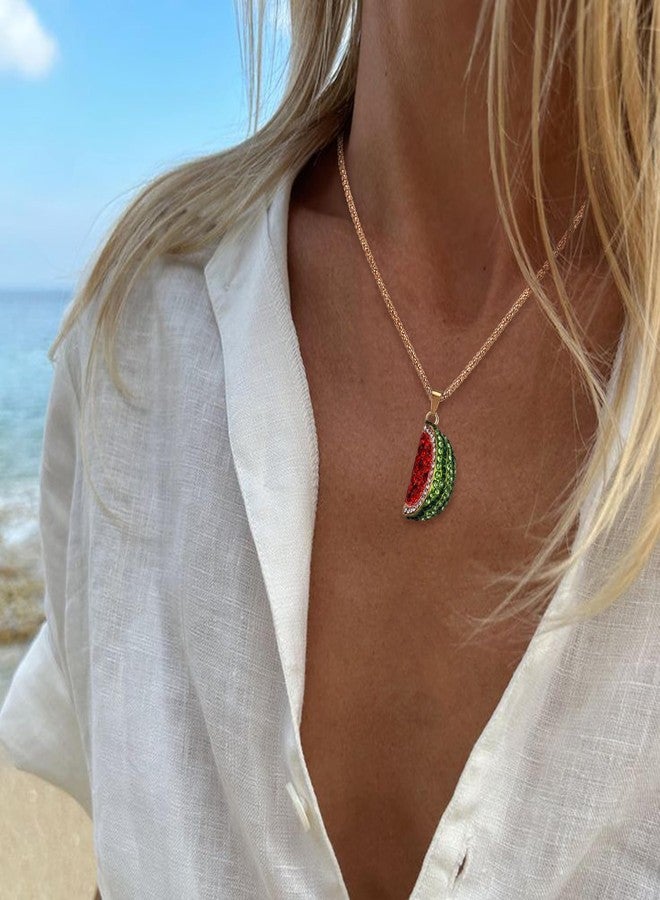بريلوف قلادة بريلوف العصرية بتصميم فاكهة البطيخ المرحة للنساء، مرصعة بأحجار الراين اللامعة والمينا، هدية مثالية لأعياد الميلاد والكريسماس والارتداء اليومي، باللون الأحمر - Image 2