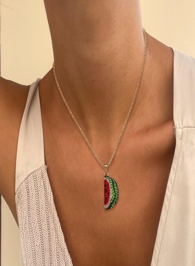 بريلوف قلادة بريلوف العصرية بتصميم فاكهة البطيخ المرحة للنساء، مرصعة بأحجار الراين اللامعة والمينا، هدية مثالية لأعياد الميلاد والكريسماس والارتداء اليومي، باللون الأحمر - Image 3