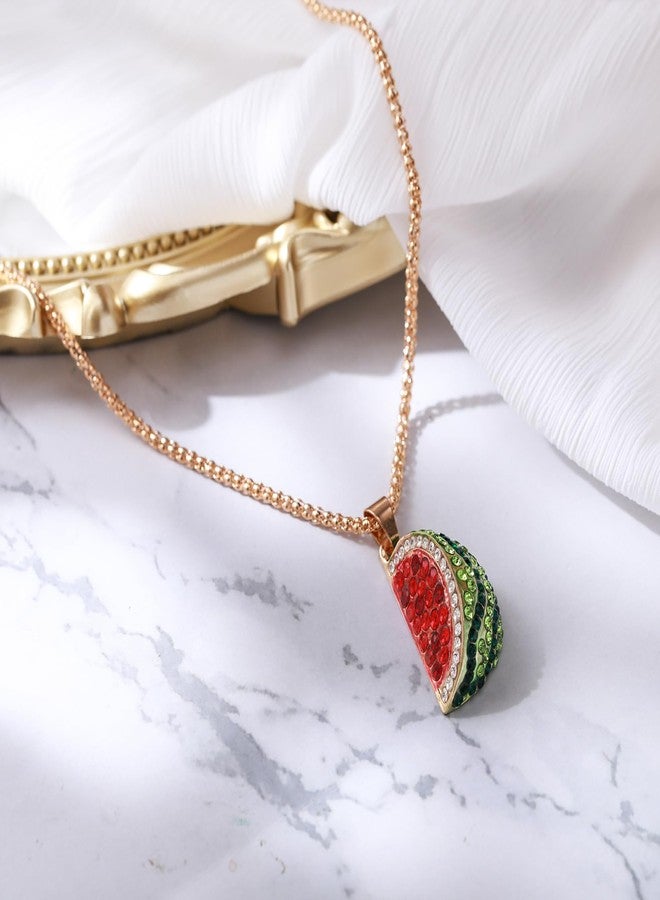 بريلوف قلادة بريلوف العصرية بتصميم فاكهة البطيخ المرحة للنساء، مرصعة بأحجار الراين اللامعة والمينا، هدية مثالية لأعياد الميلاد والكريسماس والارتداء اليومي، باللون الأحمر - Image 4