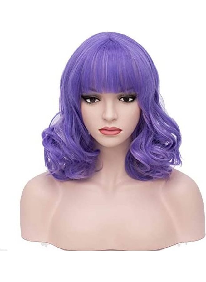 بيرون شعر مستعار قصير ومجعد مصنوع من الألياف الصناعية للنساء أرجواني 14بوصة