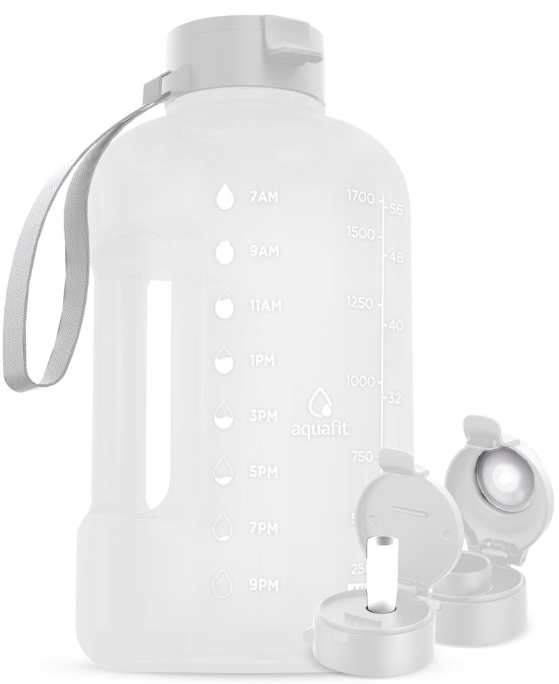 AQUAFIT 64 oz Water Bottle with Time Marker  Straw  Chug Lid  BPA Free Half Gallon Gym Water Bottle with Handle  Big Gallon Jug White 64 Ounces
