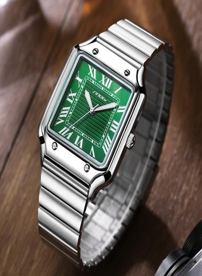 SINOBI Classic Square Watches for Men with Roman Numerals Casual Watch (Silver-Green) - Image 2