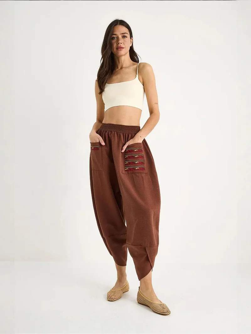 Bianco Lucci LUCCI Embroidered Textured Baggy Pants with Drawstring Waist