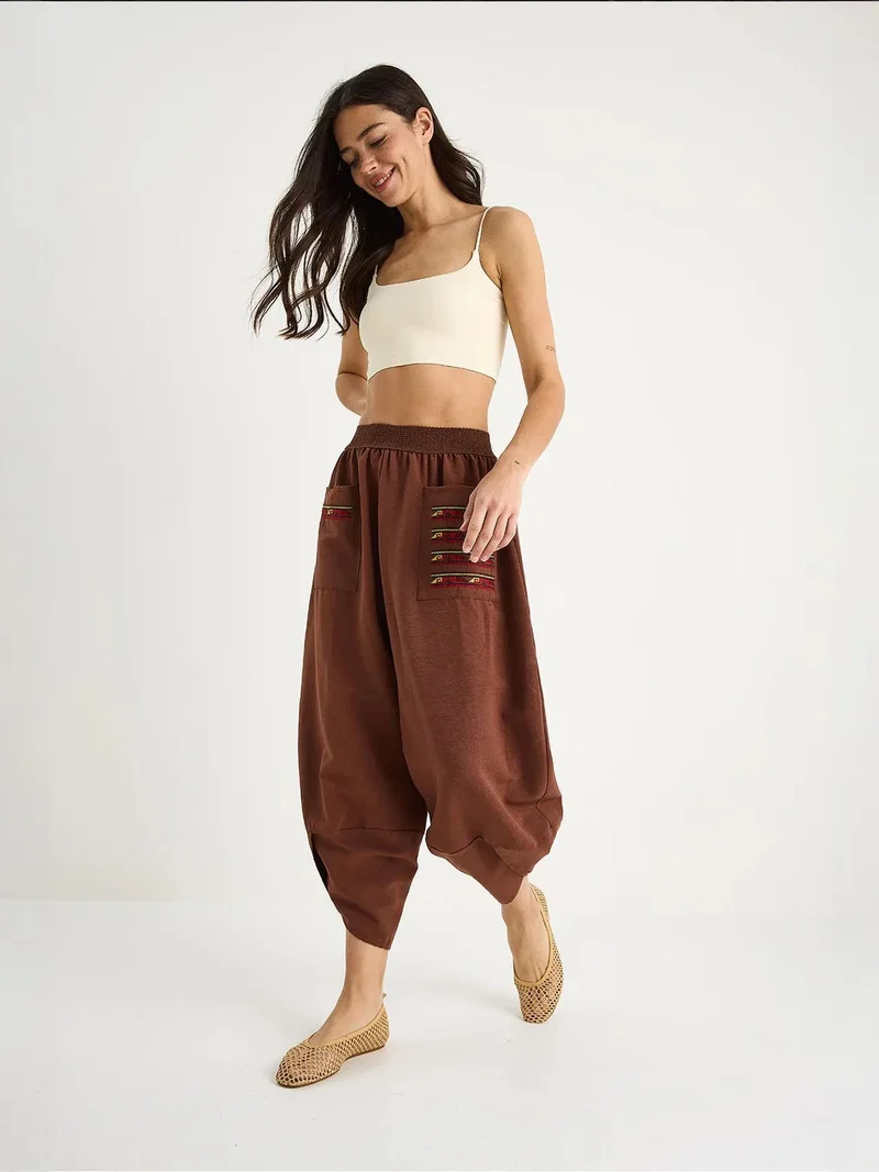 Bianco Lucci LUCCI Embroidered Textured Baggy Pants with Drawstring Waist