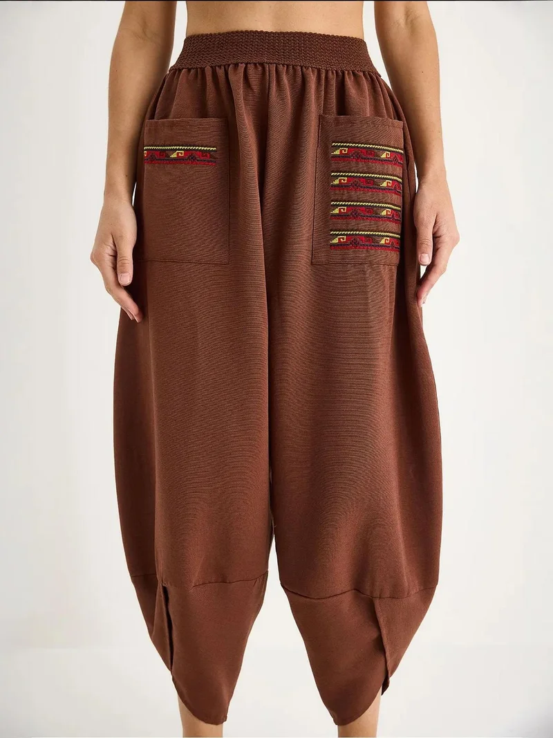 Bianco Lucci LUCCI Embroidered Textured Baggy Pants with Drawstring Waist