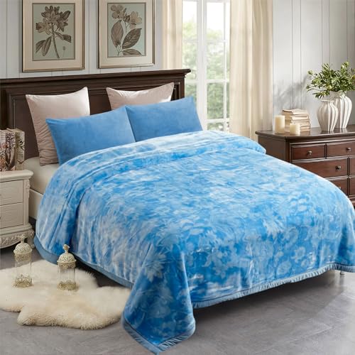 JML Korean Style Mink Blanket Heavy King Size 87 x 94 105 Pounds Plush Fleece Blankets for Winter Silky Soft and Warm 2 Ply AB Printed Embossed Raschel Bed Blanket Flowers Branches Blue - Image 3