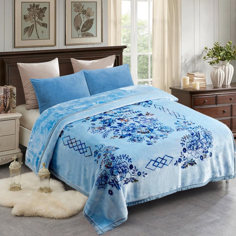 JML Korean Style Mink Blanket Heavy King Size 87 x 94 105 Pounds Plush Fleece Blankets for Winter Silky Soft and Warm 2 Ply AB Printed Embossed Raschel Bed Blanket Flowers Branches Blue - Image 2