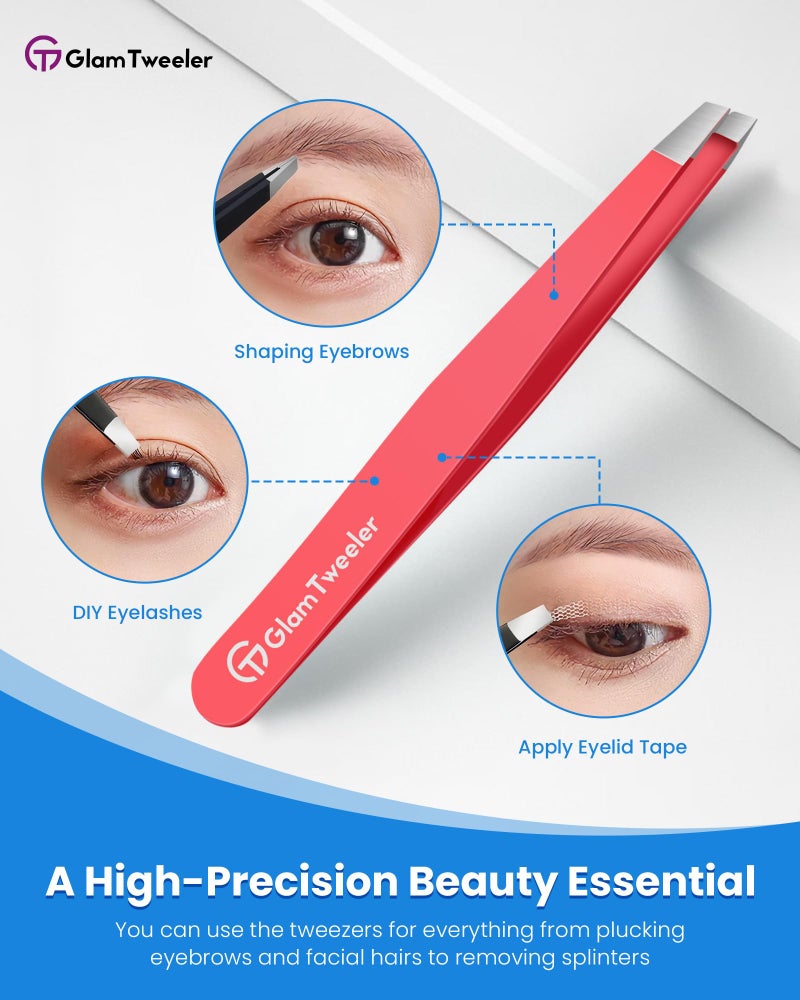 GlamTweeler Expert Eyebrow Hair Removal Tweezer with Leather Case, GlamTweeler High Precision Slant Tip Stainless Steel Tweezers for Men and Women (Hot Pink) - Image 5