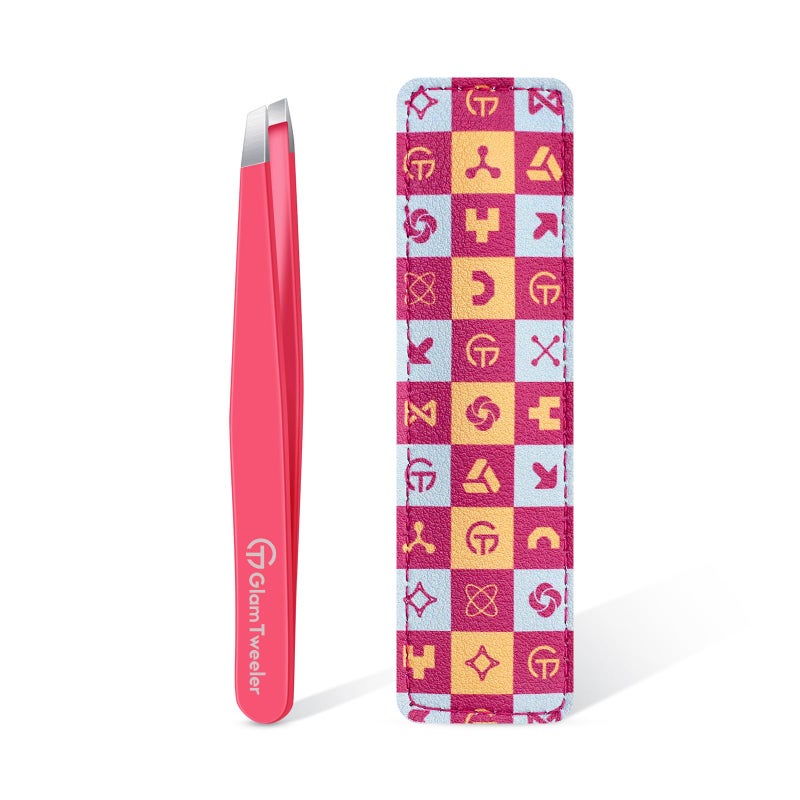 GlamTweeler Expert Eyebrow Hair Removal Tweezer with Leather Case, GlamTweeler High Precision Slant Tip Stainless Steel Tweezers for Men and Women (Hot Pink) - Image 1