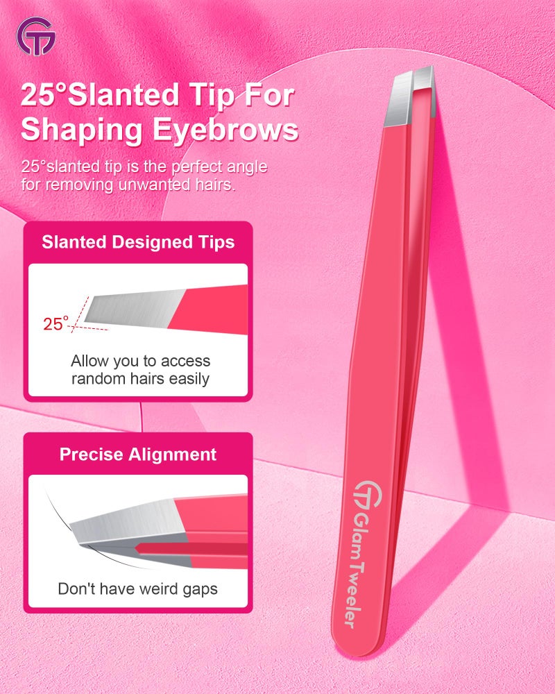 GlamTweeler Expert Eyebrow Hair Removal Tweezer with Leather Case, GlamTweeler High Precision Slant Tip Stainless Steel Tweezers for Men and Women (Hot Pink) - Image 3