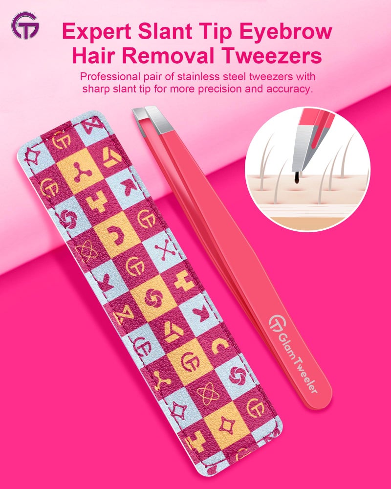 GlamTweeler Expert Eyebrow Hair Removal Tweezer with Leather Case, GlamTweeler High Precision Slant Tip Stainless Steel Tweezers for Men and Women (Hot Pink) - Image 2