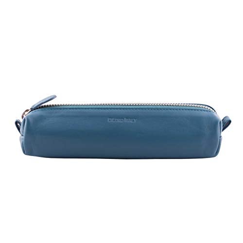 DiLoro Leather Zippered Fountain Ballpoint Rollerball Pens and Pencils Case Holder Pouch Genuine Full Grain Soft Nappa Leather (Sololio Blue) - Image 1