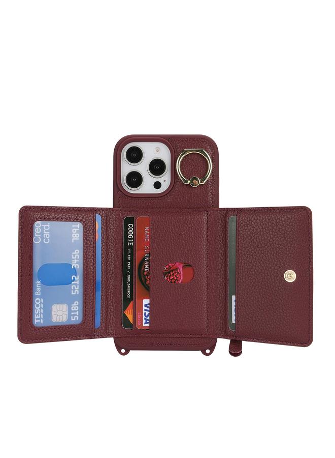 زبون جراب لهاتف iPhone 13 Pro Crossbody بسحاب ومحفظة وحلقة وغطاء هاتف من جلد الليتشي - Image 3