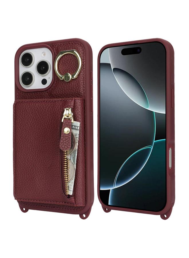 زبون جراب لهاتف iPhone 13 Pro Crossbody بسحاب ومحفظة وحلقة وغطاء هاتف من جلد الليتشي - Image 2