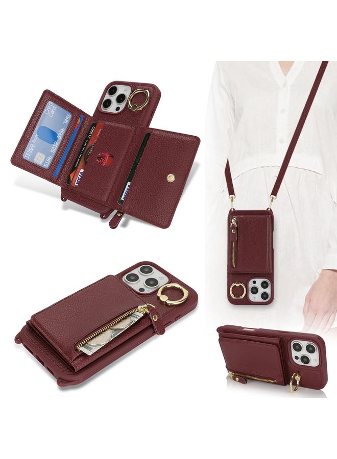 زبون جراب لهاتف iPhone 13 Pro Crossbody بسحاب ومحفظة وحلقة وغطاء هاتف من جلد الليتشي - Image 5