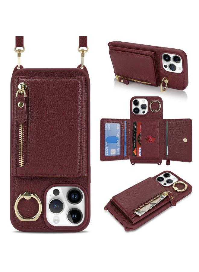 زبون جراب لهاتف iPhone 13 Pro Crossbody بسحاب ومحفظة وحلقة وغطاء هاتف من جلد الليتشي - Image 1
