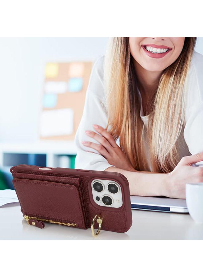 زبون جراب لهاتف iPhone 13 Pro Crossbody بسحاب ومحفظة وحلقة وغطاء هاتف من جلد الليتشي - Image 4