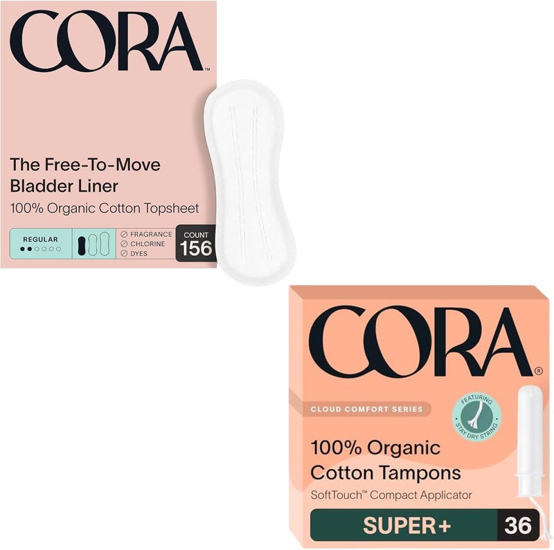 Cora Organic Feminine Care  156 Regular Bladder Liners Incontinence  Postpartum Pads and 36S Applicator Tampon Multipack  UltraAbsorbent Unscented Natural NonToxic  Bundle Pack - Image 1