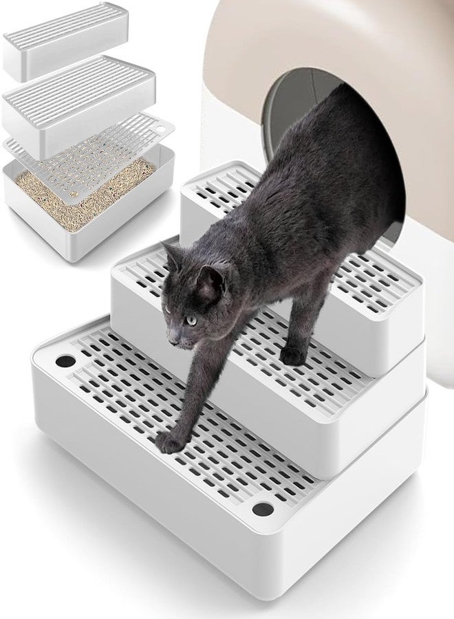 Usluole Adjustable 3 Steps Litter Box Ramp with Detachable Litter Trapper, Non-Slip Easy Clean Cat Litter Stair for Small & Elderly Cats, Cat Steps for Automatic Litter Box, White - Image 1