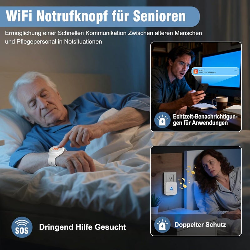 ChunHee WiFi Emergency Call Button for Seniors Emergency Alert Bracelet for Seniors Patients Disabled Elderly (supports only 2.4GHz Wi-Fi) (1*receiver + 2 buttons + 1*bracelet) - Image 2