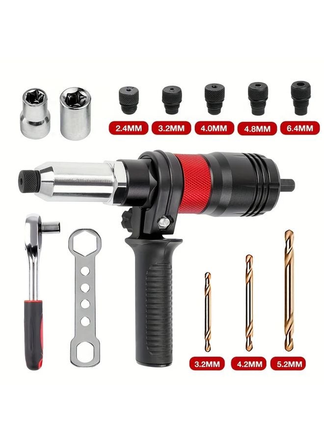 Rivet Gun Adapter Kit With Wrench Interchangeable Heads Drill Set - Image 1