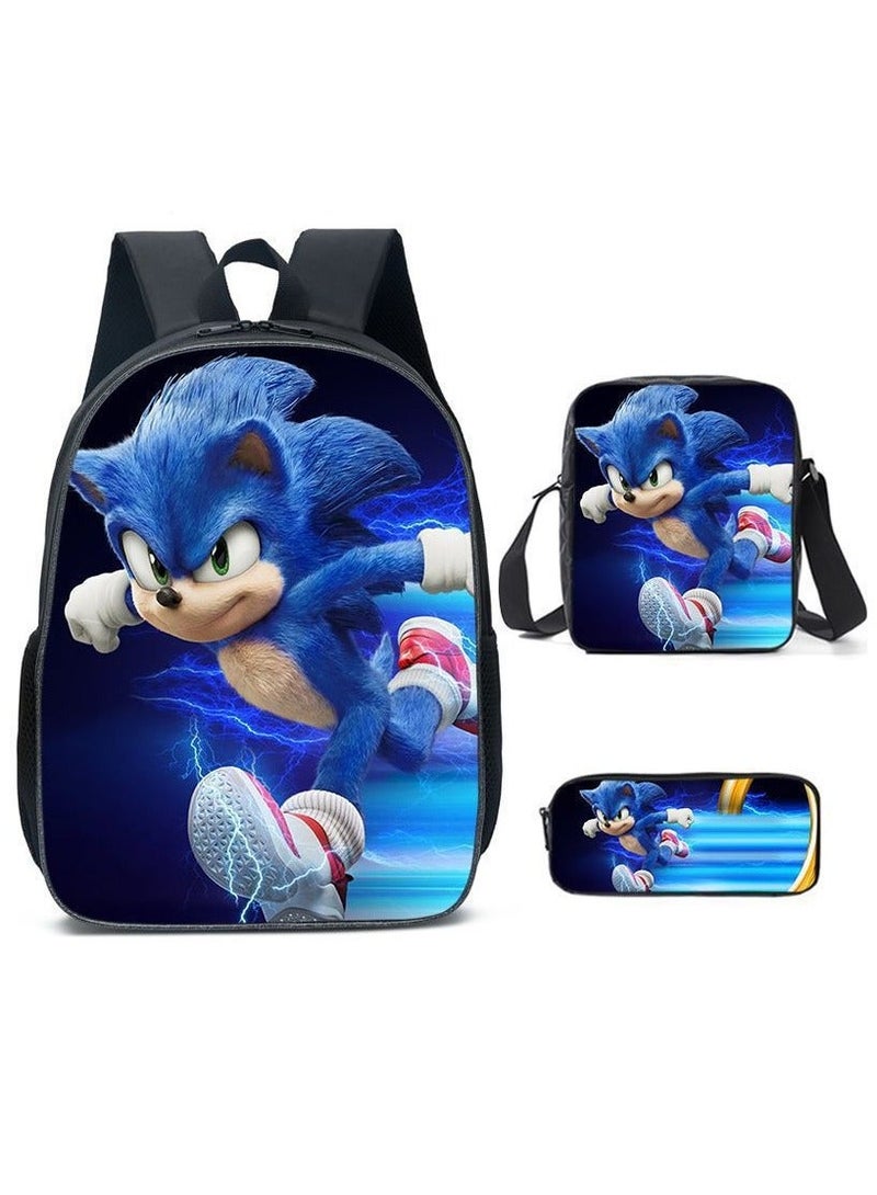 Sonic Primary School Backpack Cartoon Anime Backpack Messenger Bag Pencil Case Three-Piece Set 29*16*42cm