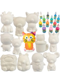SCS Direct Diy Jumbo Animal Squishies 3.5" -6" (12Pc) & Fabric Paint (12 Bottles) Combo Pack- White Kawaii Slow Rising Squishy Toys For Drawing, Painting, Decorating - Scented Stress Relief Craft  - Image 1