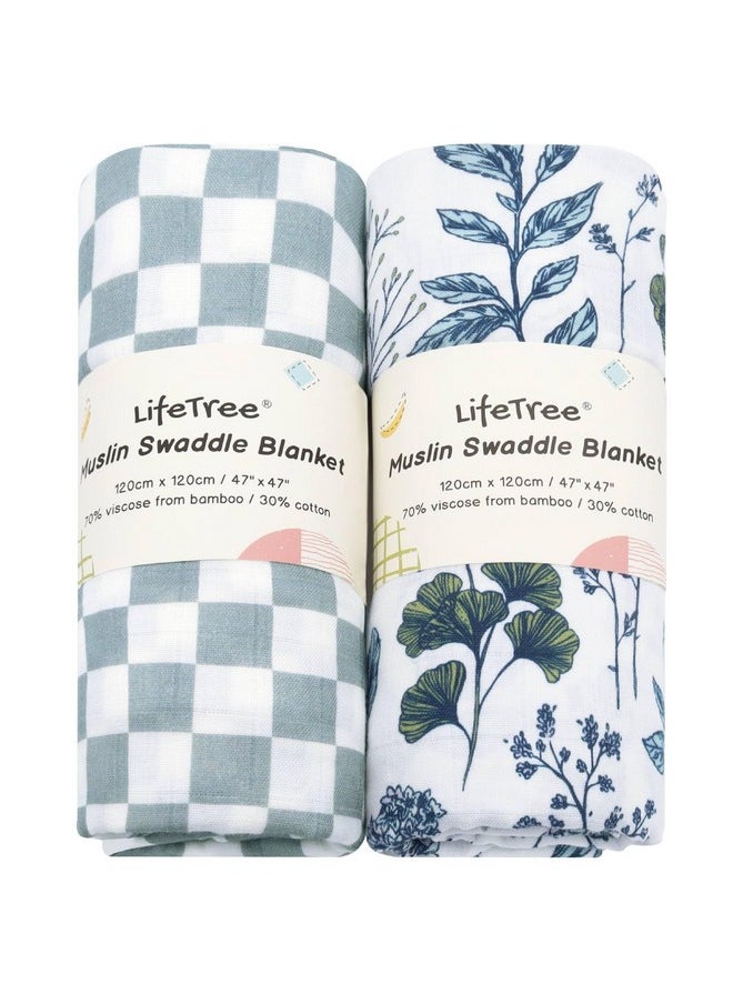 LifeTree Muslin Swaddle Blankets Neutral, Baby Swaddling Wrap Nursery Blanket For Boys & Girls, Soft 70% Viscose From Bamboo And 30% Cotton, Large 47 X 47 Inches, Blue And White Porcelain & Checkered  - Image 1