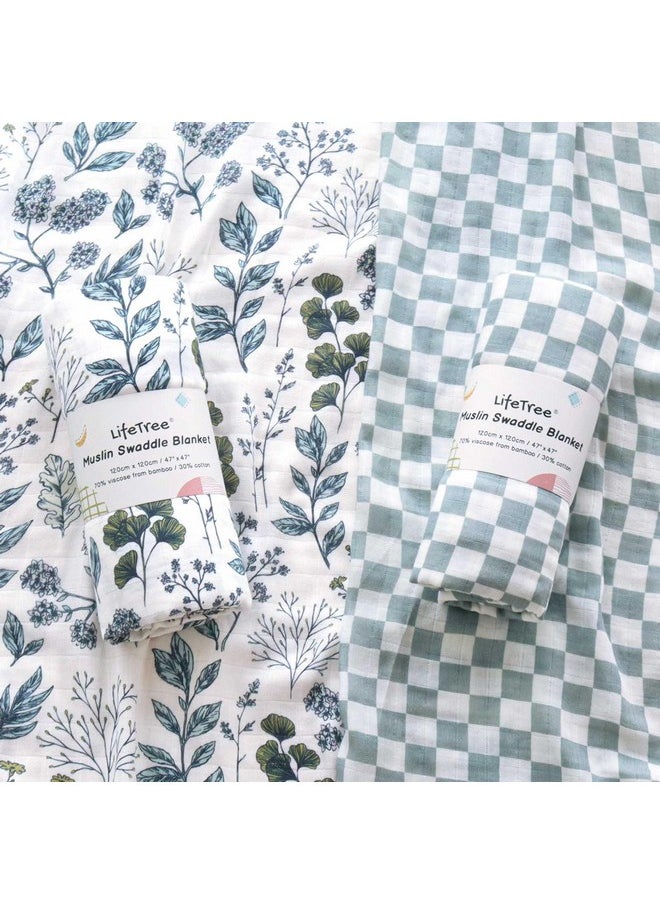 LifeTree Muslin Swaddle Blankets Neutral, Baby Swaddling Wrap Nursery Blanket For Boys & Girls, Soft 70% Viscose From Bamboo And 30% Cotton, Large 47 X 47 Inches, Blue And White Porcelain & Checkered  - Image 3