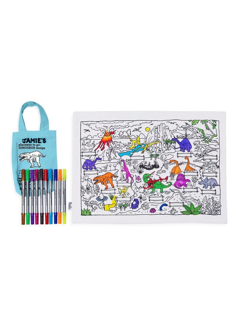 eatsleepdoodle Dinosaur Coloring Placemat – Interactive Dinosaur Illustration, Washable & Reusable, with 10 Markers, Portable & Educational Fun  - Image 1