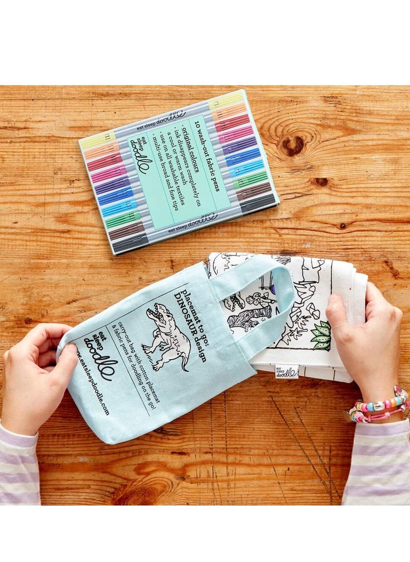 eatsleepdoodle Dinosaur Coloring Placemat – Interactive Dinosaur Illustration, Washable & Reusable, with 10 Markers, Portable & Educational Fun  - Image 2
