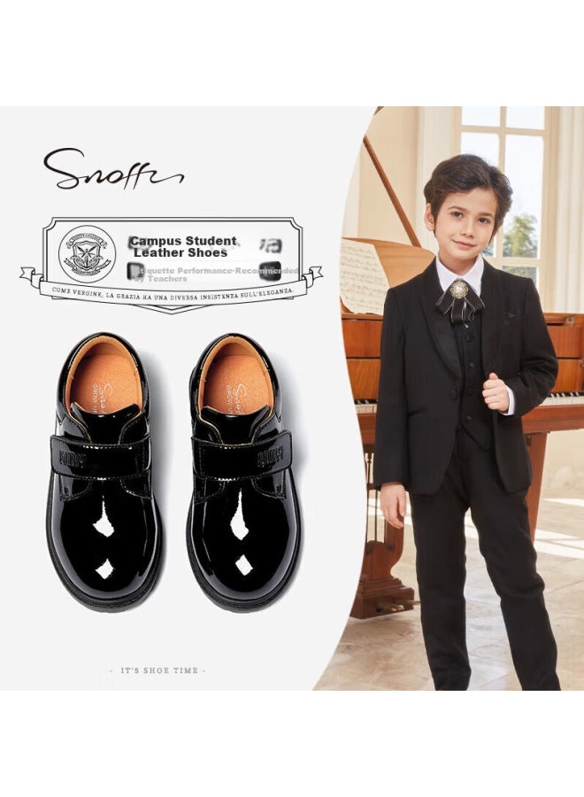 Snoffy Boys' Black Leather Shoes Spring Children's Leather Shoes Performance Shoes Campus Performance Shoes Big Kids Soft Bottom Single Shoes Bright Black 35 - Image 1