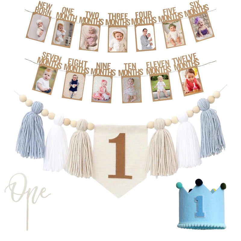 Packyouth Baby First Birthday Party Decorations First Highchair Banner For Baby Boys Blue High Chair Banner Crown Cake Topper Baby Photo Banner 1st Birthday Photo Backdrop (Blue) - Image 1