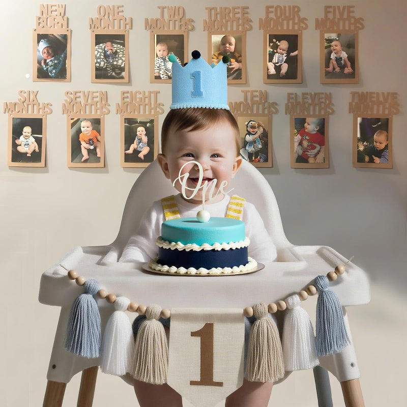 Packyouth Baby First Birthday Party Decorations First Highchair Banner For Baby Boys Blue High Chair Banner Crown Cake Topper Baby Photo Banner 1st Birthday Photo Backdrop (Blue) - Image 2