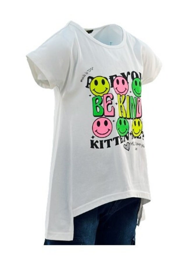 JOANNA JOANNA 23KY390B Girl's Smiley With Be Kind Print Round Neck Long Back Short Sleeve T-Shirt - White  - Image 2