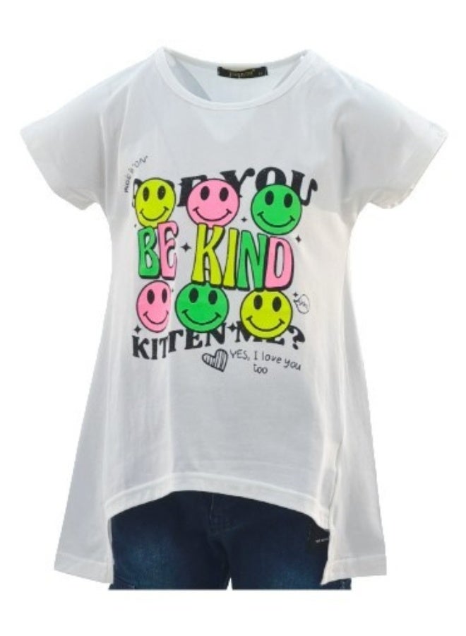 JOANNA JOANNA 23KY390B Girl's Smiley With Be Kind Print Round Neck Long Back Short Sleeve T-Shirt - White  - Image 1