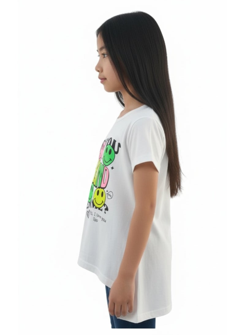 جوانا تي شيرت فتيات بظهر طويل برقبة دائرية وأكمام قصيرة مع طبعة وجه مبتسم وعبارة "كن لطيفًا" - أبيض - 4 سنوات - Image 3