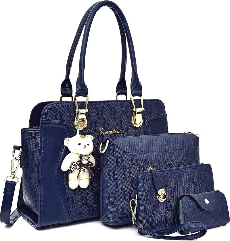 Soperwillton Women's 4-Piece Handbag Set - Dark Blue Tote, Messenger Bag, Wallet, and Card Holder - Image 1