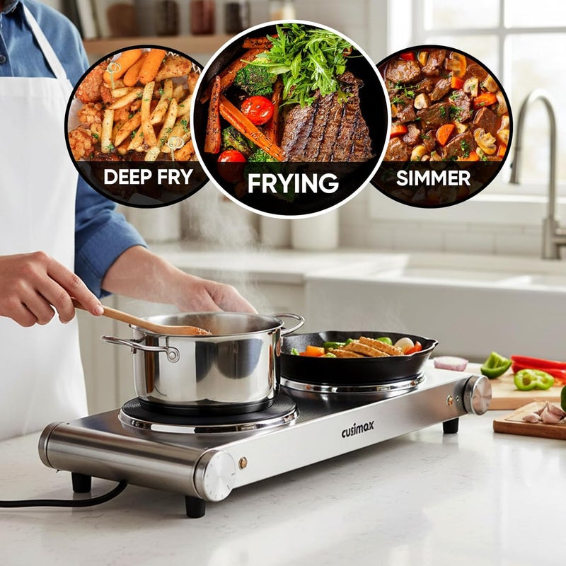 CUSIMAX Electric Hot Plate, 1800W Double Burner, Cast Iron Countertop Cooktop, Hot Plates for Cooking, Portable Countertop Stove, Compatible with all Cookwares, Upgraded Version - Image 4