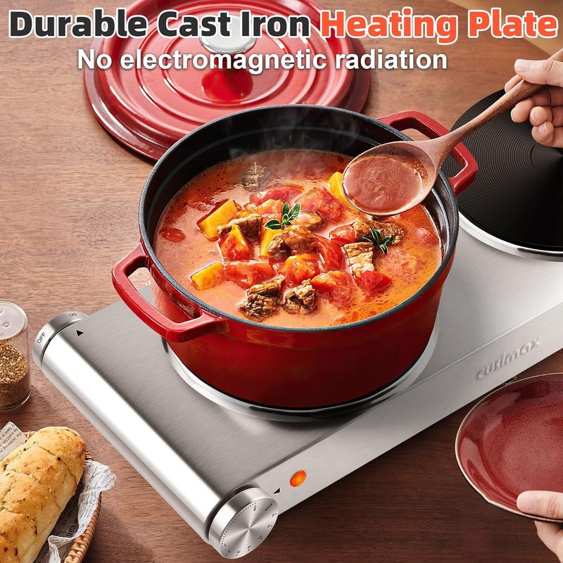 CUSIMAX Electric Hot Plate, 1800W Double Burner, Cast Iron Countertop Cooktop, Hot Plates for Cooking, Portable Countertop Stove, Compatible with all Cookwares, Upgraded Version - Image 5