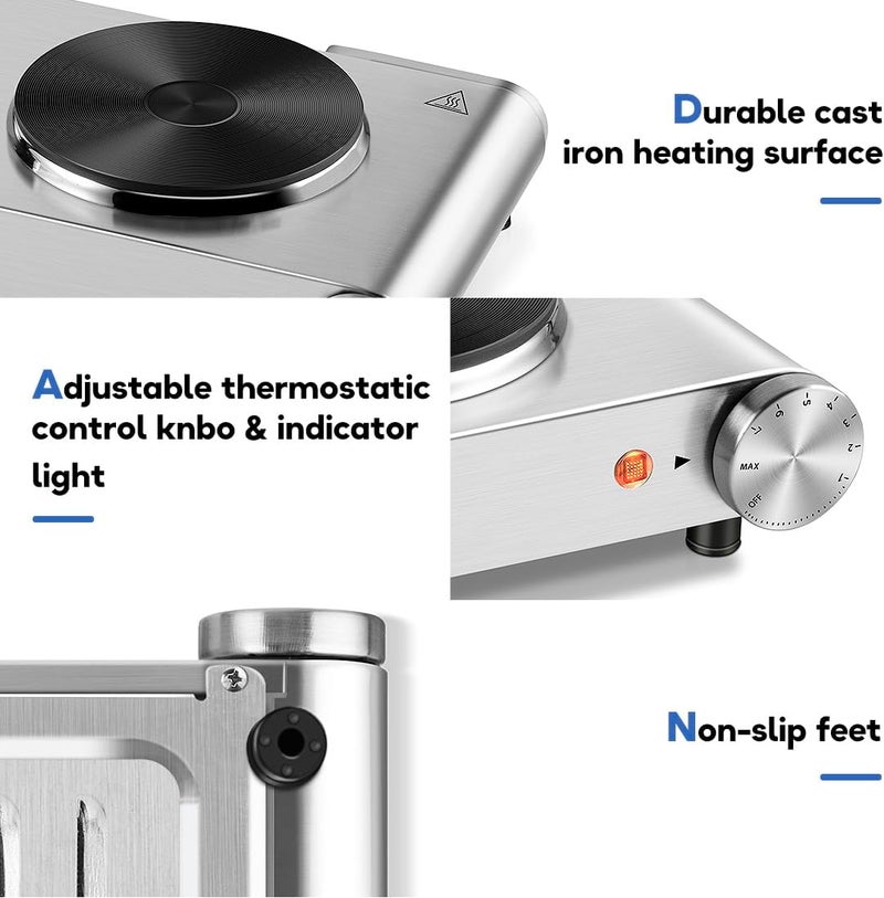 CUSIMAX Electric Hot Plate, 1800W Double Burner, Cast Iron Countertop Cooktop, Hot Plates for Cooking, Portable Countertop Stove, Compatible with all Cookwares, Upgraded Version - Image 3
