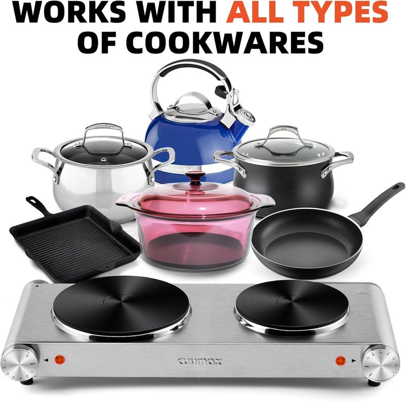 CUSIMAX Electric Hot Plate, 1800W Double Burner, Cast Iron Countertop Cooktop, Hot Plates for Cooking, Portable Countertop Stove, Compatible with all Cookwares, Upgraded Version - Image 2