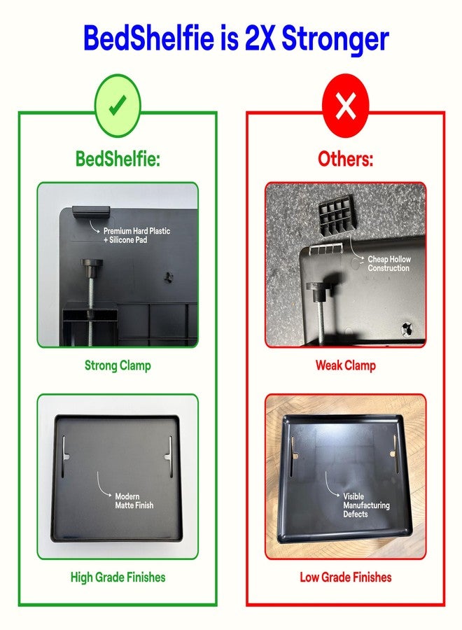 BedShelfie رف BedShelfie الجانبي لسرير غرفة النوم، سرير بطابقين وسرير علوي، مستلزمات غرفة النوم الجامعية، منظم جانبي، صينية مكتب عائمة قابلة للتثبيت، تخزين طاولة السرير الجانبية، ديكور طاولة السرير العلوية - مشبك كابلات، أسود - Image 3