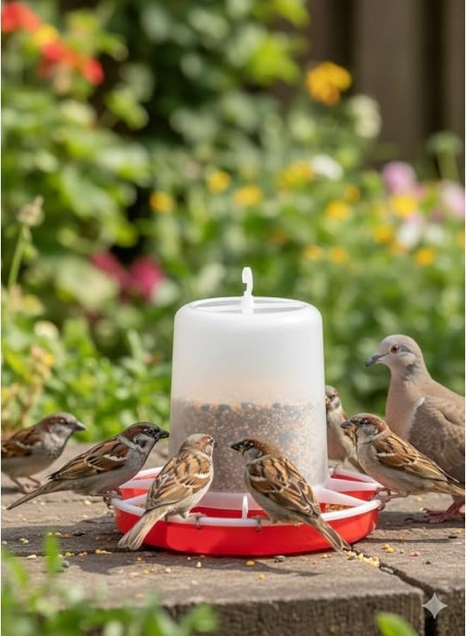 معلف طيور أوتوماتيكي بلاستيك عالي الجودة - موزع طعام للعصافير، الحمام، والطيور البرية - مزود بخطاف تعليق قوي - لون أبيض وأحمر. - Image 1