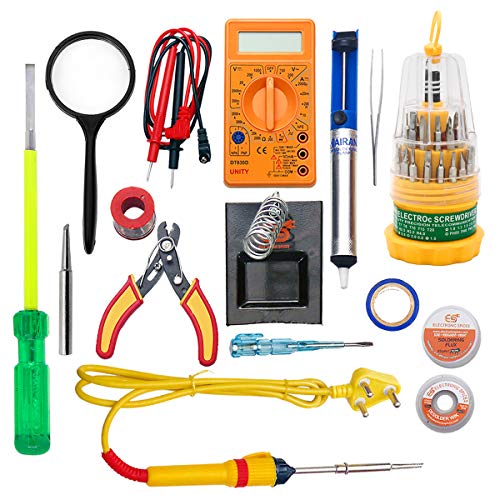 Electronicspices (15 in 1) 25watt soldering iron/digital multimeter/iron bit/solder stand/pump/desolder wire/paste/cutter tester/tape/tweezer/Screw Driver/Magnify Glass/Screwdriver set - Image 1