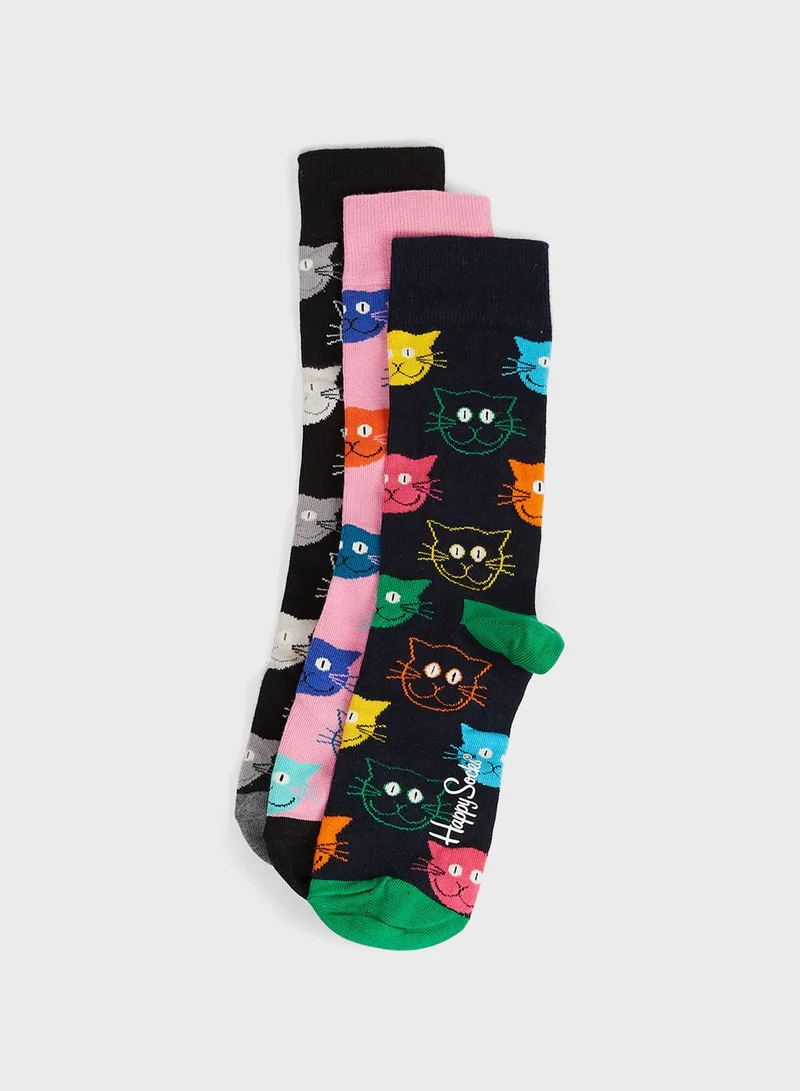 Happy Socks 3 Pack Mixed Cat Crew Socks